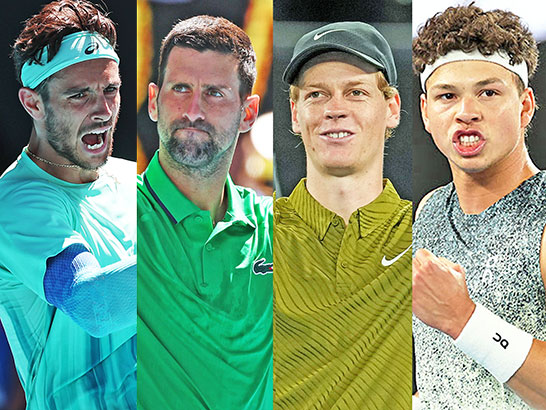 （左から）ムセッティ、ジョコビッチ、シナー、シェルトン