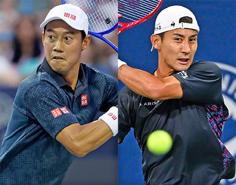 錦織圭と島袋将 試合会場で練習